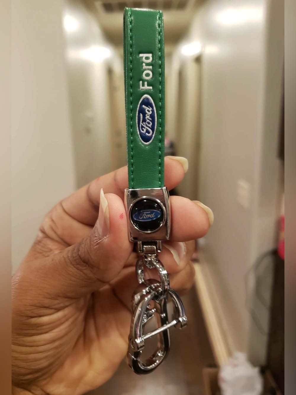 FORD Green, Dark Blue & Silver Leather Chrome Keychain